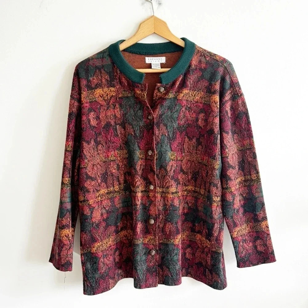 Vintage 90s Express fall leaf print oversized button cardigan sweater size Med